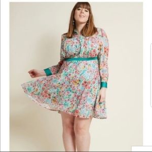 Modcloth Long Sleeve Chiffon Shirt Dress in Mint Floral